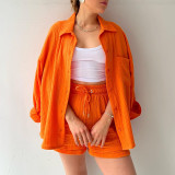 Lapel Long Sleeve High Waist Drawstring Two Pieces Sets