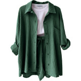 Lapel Long Sleeve High Waist Drawstring Two Pieces Sets