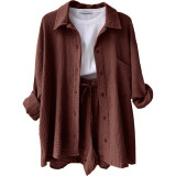 Lapel Long Sleeve High Waist Drawstring Two Pieces Sets
