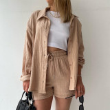 Lapel Long Sleeve High Waist Drawstring Two Pieces Sets