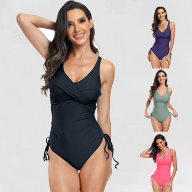 One-piece Solid Color Backless Sexy V-neck Swimwear