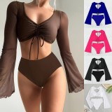 New Split Solid High Waist Conservative Patchwork Swimsuit