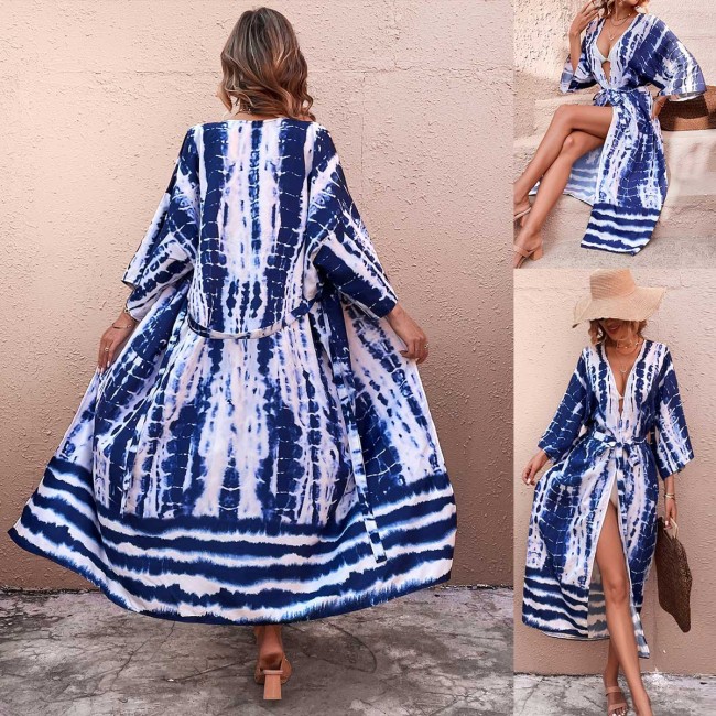 New Blue And White Snake Print Cardigan Beach Vacation Cover-ups