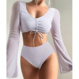 New Split Solid High Waist Conservative Patchwork Swimsuit