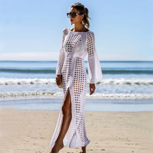 New Beach Hollow Dress Summer Long Sleeve Slit Sexy Cover-ups