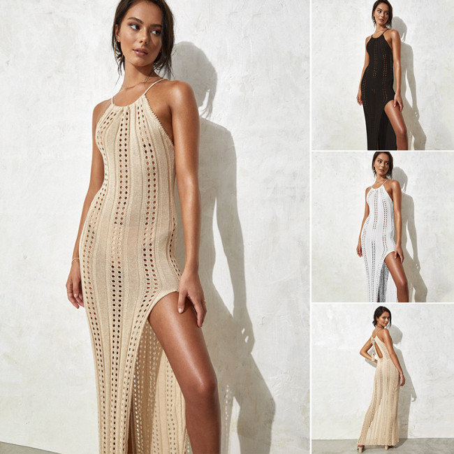 New Style Slip Cover-ups Sleeveless Knitted Hollow Holiday Beach Long Dress