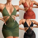 New Sexy Hollow One-piece Mesh Skirt Swimsuit Bikini
