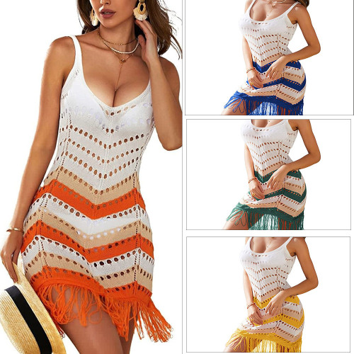 Bikini Cover-up Summer Knitted Sun Protection Tassel Striped Beach Dress