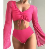 New Split Solid High Waist Conservative Patchwork Swimsuit
