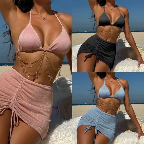2024 New Sexy Drawstring Diamond Chain Three-piece Bikini
