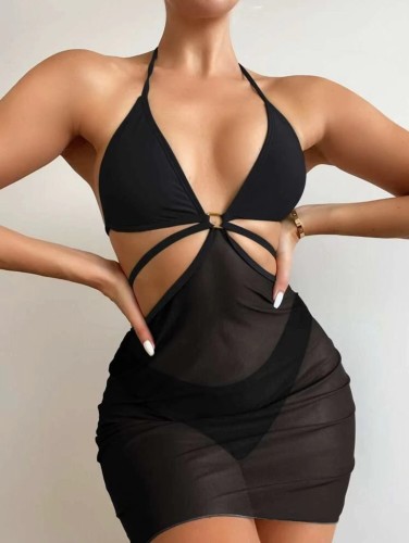 New Sexy Hollow One-piece Mesh Skirt Swimsuit Bikini