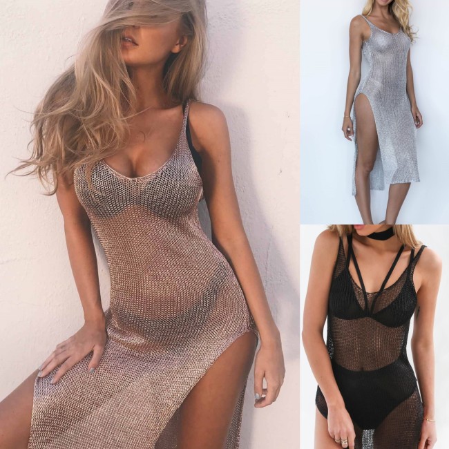 Summer Suspender Sleeveless Round Neck Sexy Bikini Mesh Cover-ups