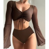 New Split Solid High Waist Conservative Patchwork Swimsuit