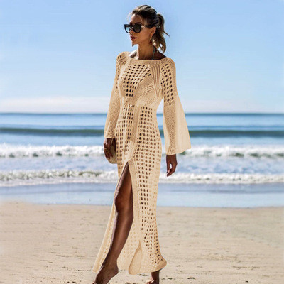 New Beach Hollow Dress Summer Long Sleeve Slit Sexy Cover-ups