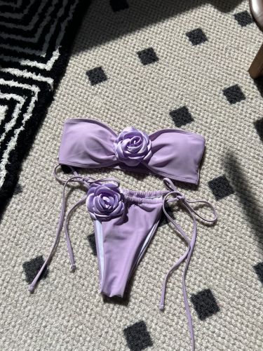 2024 Solid Rose Drawstring Strapless Split Bikini