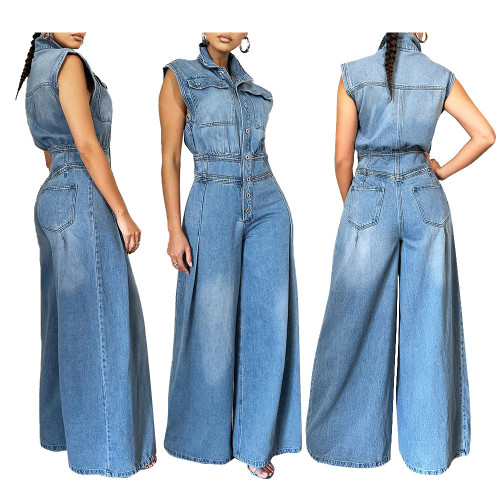 New Style Washed Sleeveless Denim Jumpsuit Wide Leg Pants
