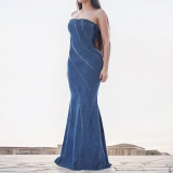 2024 New Temperament Off-shoulder Denim Line Tube Dress