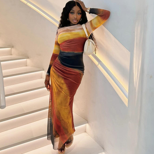 Printed Round Neck Pullover Long Sleeve Slit Pleated Dress