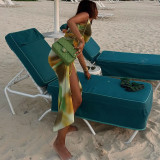 Printed Mesh Sleeveless O-neck Slit Dress For Beach Vacation
