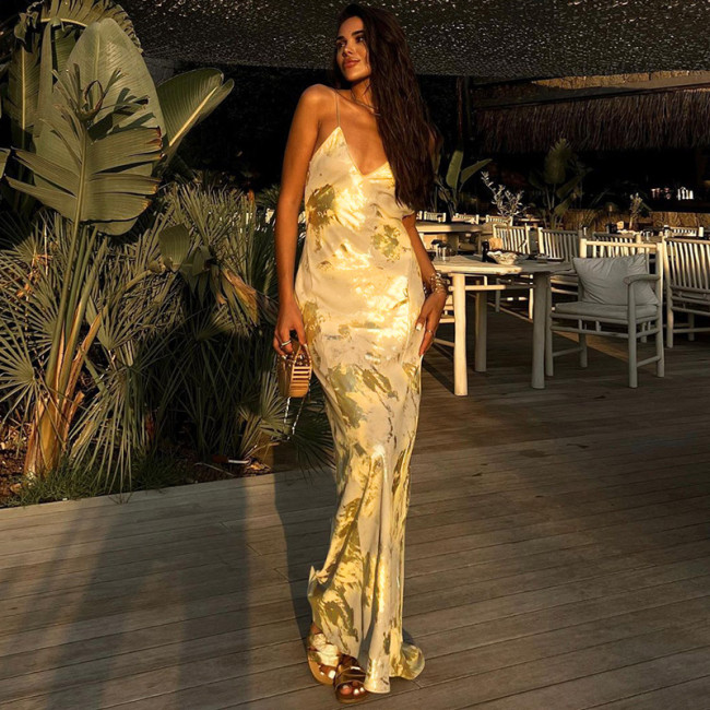 Fashionable Gold Evening V-Neck Sexy Maxi Dress