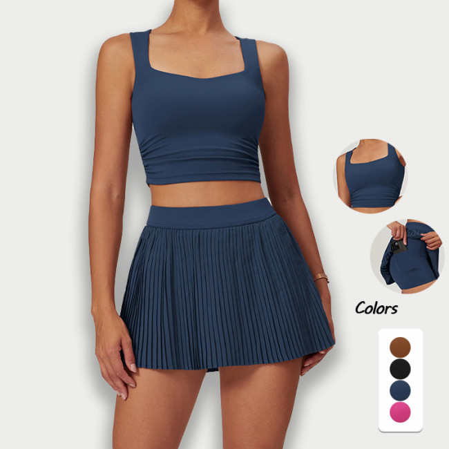 Summer Sport Tennis Pleated Short Skirt Sets with Pocket