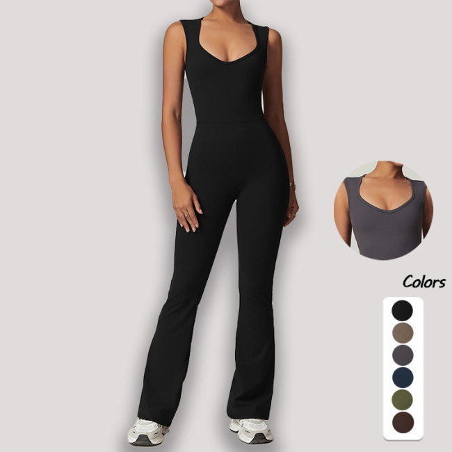New Arrival Slim V-neck Fitness Sports Flared Jumpsuit