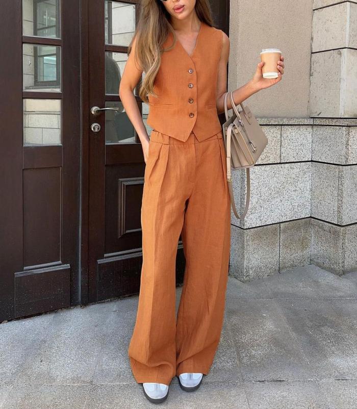 New Fashion Women Summer Lounge Wear Sleeveless V-Neck Vest With Pocket Low-Waist Loose Pants Solid Casual 2pcs Set