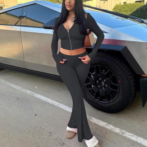 Casual Suit Flared Pants Zipper Smooth Two-Piece