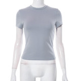 Solid T-shirt Short Sleeve Casual Top Round Neck Slim Fit Shirt Crop Top