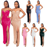 Women's Summer Backless Slit Sequin French Dress D160