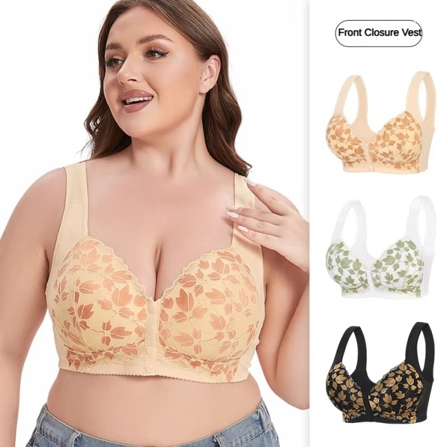 Women's Large Size Wireless Bra Push-up Front Closure Vest Underwear Breathable Wide Shoulder Straps Lace Support Bra