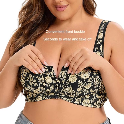 Wholesale Women 's Oversized Push-Up Underwear Wire Free Vest Style Plus Size Bra Front Closure Breathable Floral Printing Bra