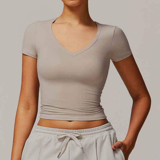 2025 New Quick-Dry Shockproof Yoga Top Short-Sleeved Running Sport T-Shirt Women's Solid Sportswear Pilates Fitness Clothes Slim