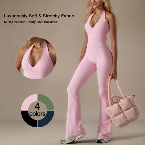 New Yoga Jumpsuit V Neck Lace Trim Flare Sportswear
