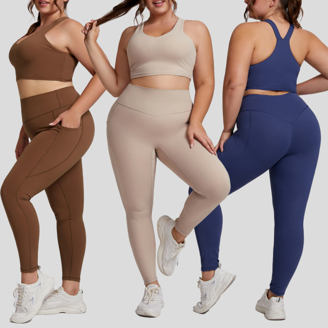 Plus size yoga suit for women, high-end tight sportswear, two-piece pocket fitness suit