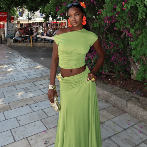 Floral Casual Pleated One-Shoulder Two-Piece Dress Set