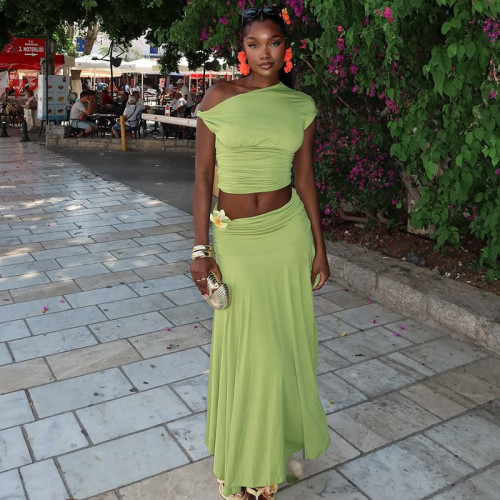 Floral Casual Pleated One-Shoulder Two-Piece Dress Set