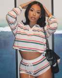 Striped Print Shirt Collar Top and Shorts Set