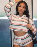 Striped Print Shirt Collar Top and Shorts Set