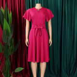 Stylish Elegant Short Sleeved Plus Size Dress With Lace-up Straps