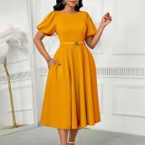 New Elegant Puff Sleeve High-Waisted Round-Neck African Dress
