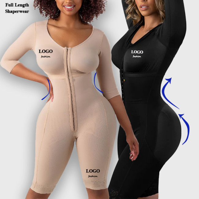 Women's Shapewear with Zipper Closure 3/4 Sleeves Butt Lifting Postpartum Bodysuit