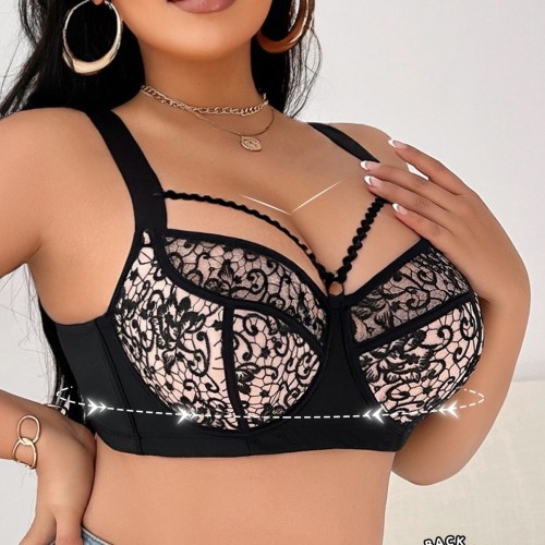 Plus Size Ultra-Thin Padded Sheer Mesh Bra: Unique Front Lace Thin Strap Lightweight & Comfortable Lingerie