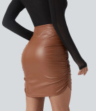 Tummy Control High-Waist Ruched PU Mini Skirt with Fleece Lining
