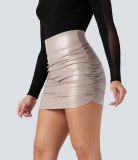 Tummy Control High-Waist Ruched PU Mini Skirt with Fleece Lining