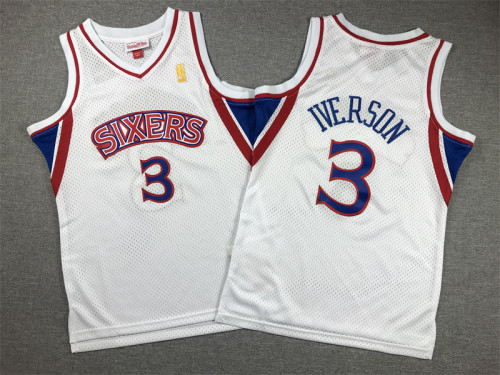 Youth Size #3 Allen Iverson Vintage Philadelphia 76ers Jersey Name Number All Stitched White