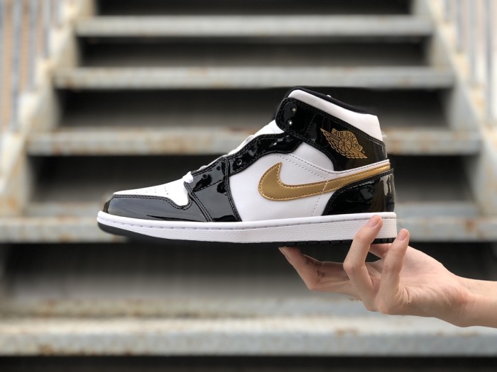 Jordan 1 Mid Patent Black White Gold