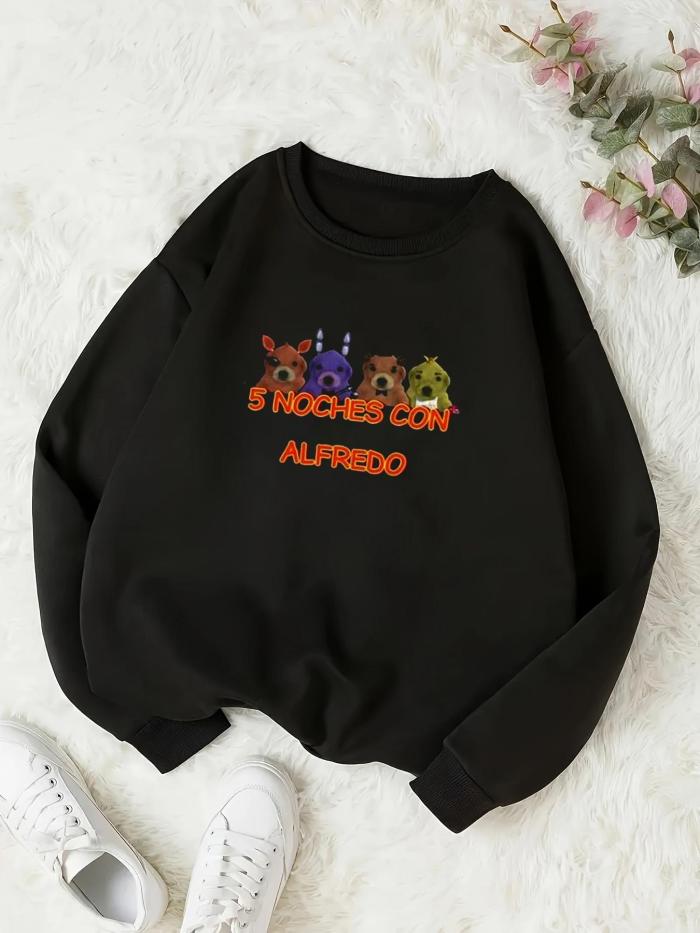 Women's Letter & Dog Print Drop Shoulder Sweatshirt, Casual Long Sleeve Round Neck Pullover for Fall & Winter, Ladies Clothes for Daily Wear