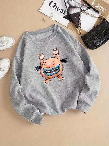 Women's Cartoon Face Print Crew Neck Sweatshirt, Casual Long Sleeve Pullover, Women's Fall & Winter Clothes for Daily Wear
