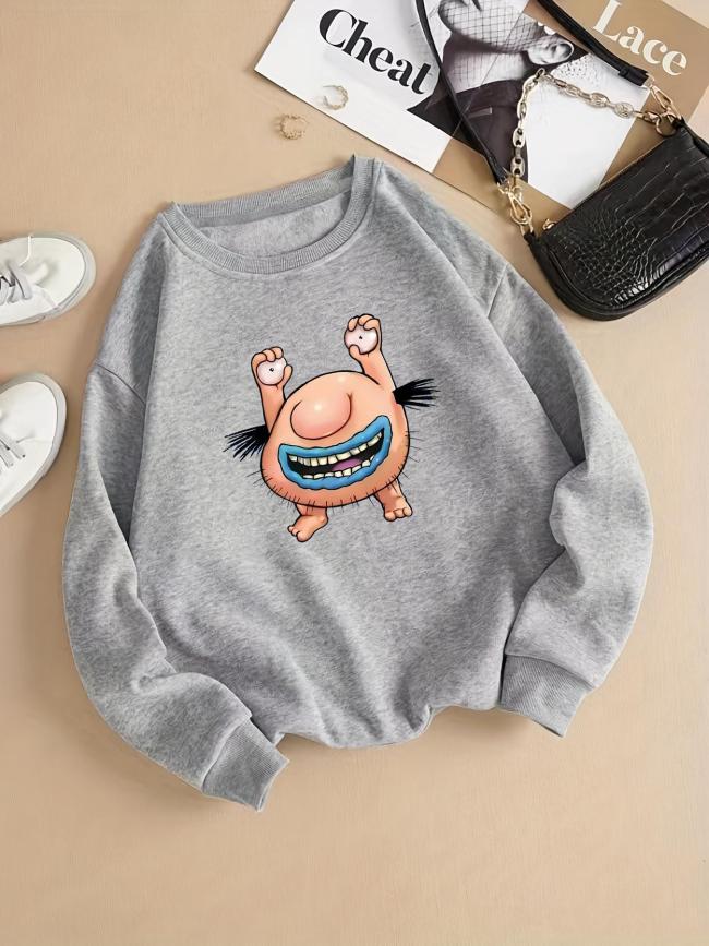 Women's Cartoon Face Print Crew Neck Sweatshirt, Casual Long Sleeve Pullover, Women's Fall & Winter Clothes for Daily Wear